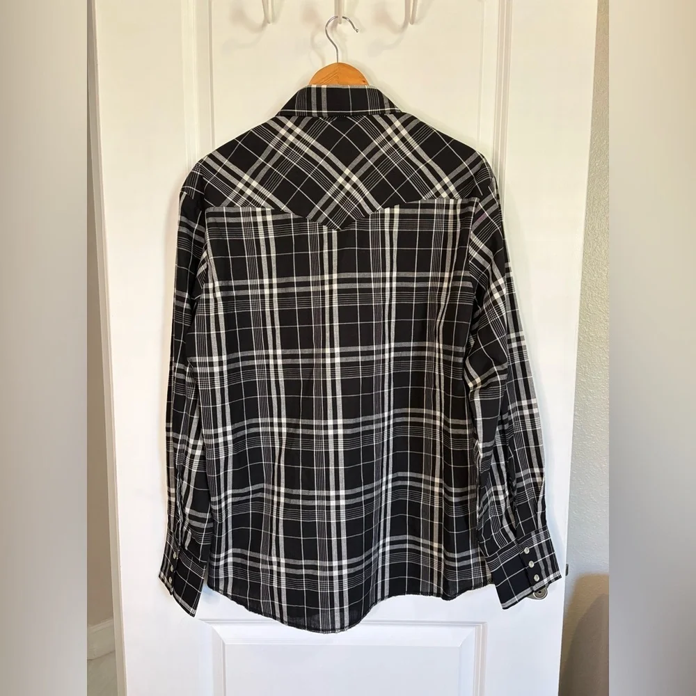 Wrangler Western Plaid Shirt Pearl Snap Long Sleeve Black White Size Large - Picture 10 of 12